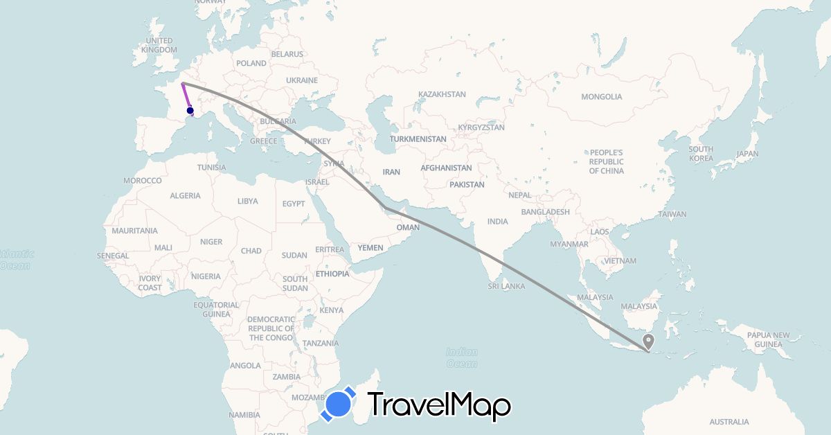TravelMap itinerary: driving, plane, train in France, Indonesia, Qatar (Asia, Europe)